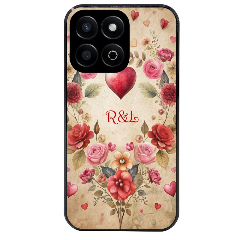 Coque noire taperso pour Honor 70 LITE 90 et LITE avec motif coeur vintage et initiales personnalisee protection antichoc personnalisée