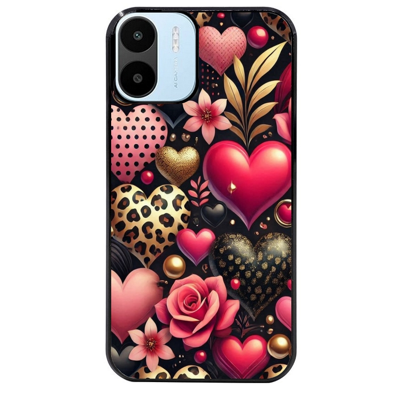 Coque noire taperso pour Redmi A1 et A2 avec motif coeur et leopard protection antichoc personnalisée