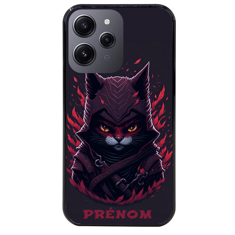 Coque noire taperso pour Redmi 12 4G et 5G avec motif chat samourai personnalise protection antichoc personnalisée