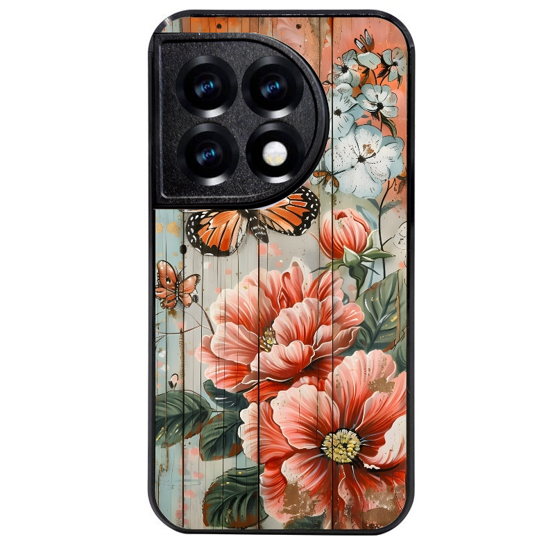 Coque noire taperso pour OnePlus 11 et 12 avec motif bois et papillon 3 protection antichoc personnalisée