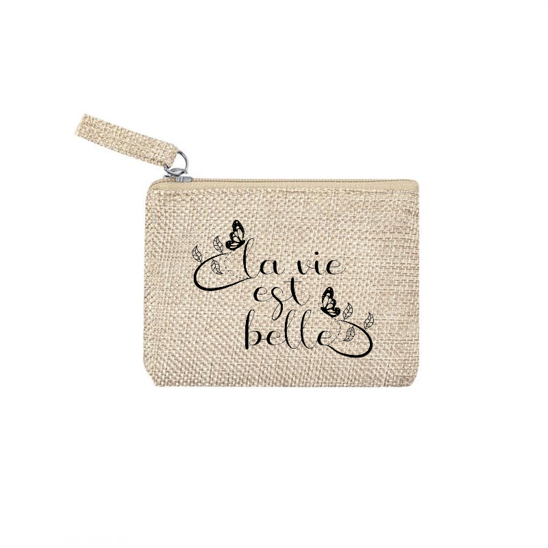 Pochette personnalisée motif la vie est belle en toile et simili cuir personnalisée