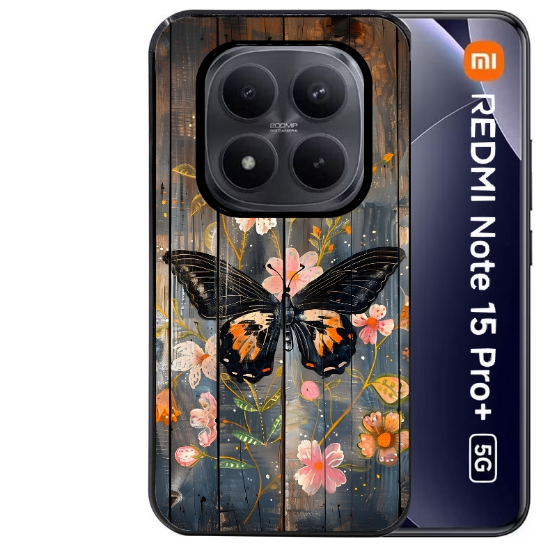 Coque noire taperso pour Redmi Note 15 et PRO PLUS 4G 5G avec motif bois et papillon 2 protection antichoc personnalisée