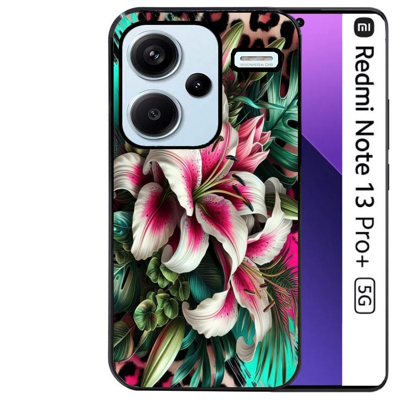 Coque noire taperso pour Redmi Note 13 PRO PLUS 5G avec motif leopard hibiscus protection antichoc personnalisée