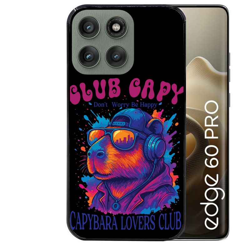 Coque noire taperso pour Moto Edge 60 et Neo Fusion Pro avec motif capybara club protection antichoc personnalisée