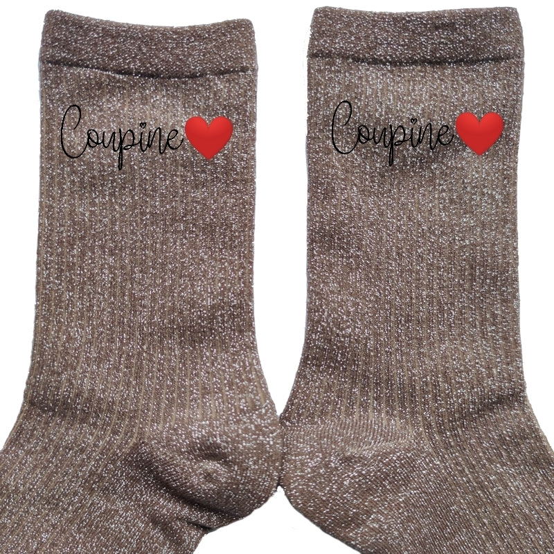 Chaussettes paillettes bronze motif copine coupine
