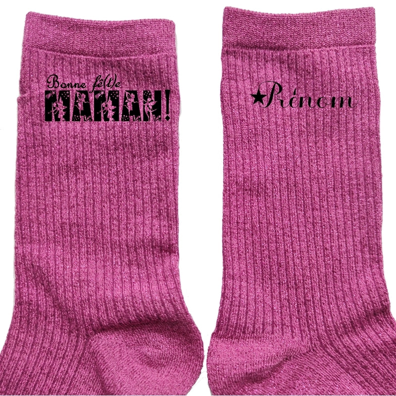 Chaussettes personnalisée paillettes rose motif bonne fëte maman