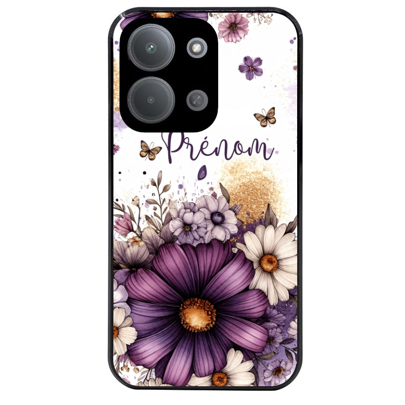Coque noire taperso pour POCO C85 avec motif fleur violette personnalisee protection antichoc personnalisée