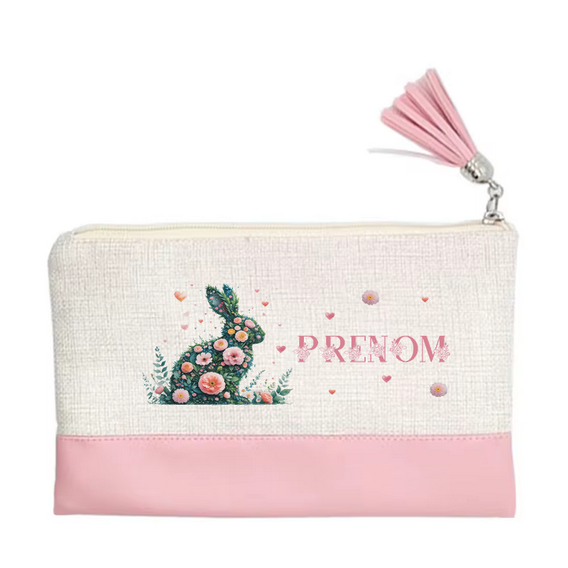 Pochette personnalisée motif lapin fleur en toile et simili cuir personnalisée