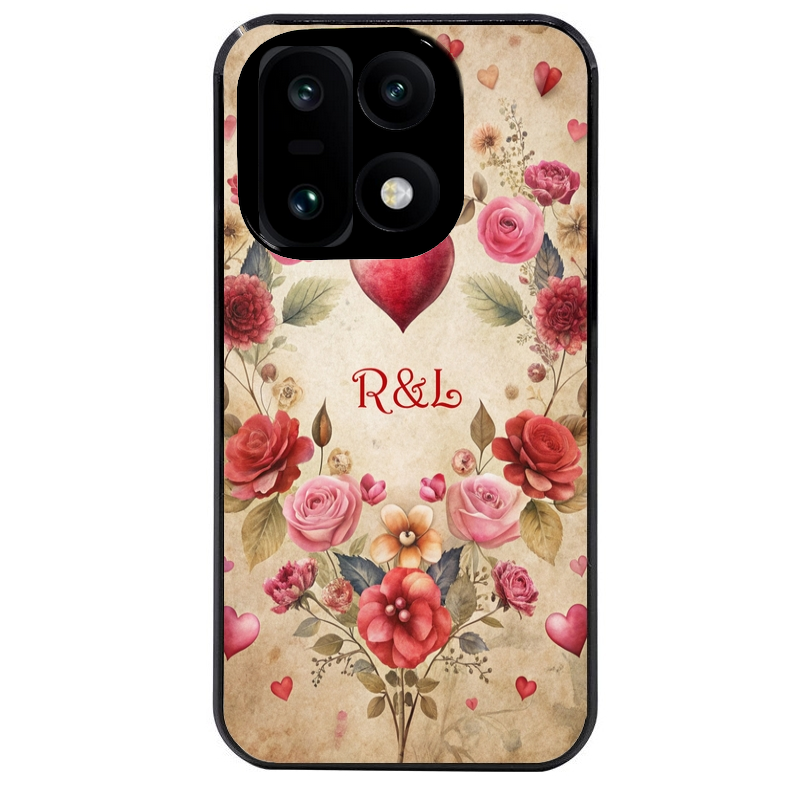 Coque noire taperso pour OnePlus 15 avec motif coeur vintage et initiales personnalisee protection antichoc personnalisée