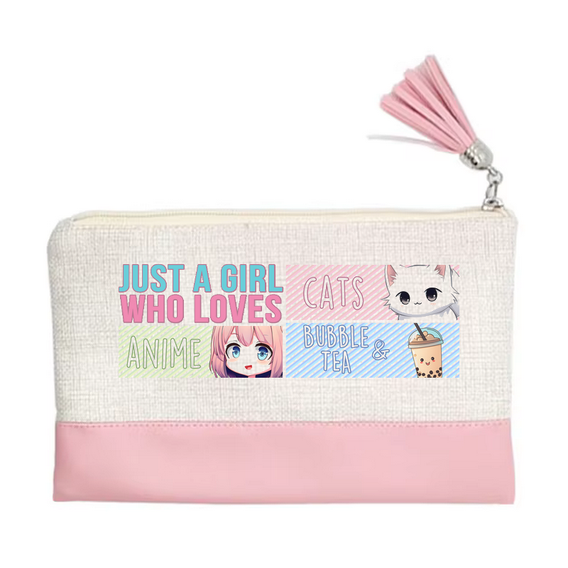 Pochette motif anime girl chat en toile et simili cuir