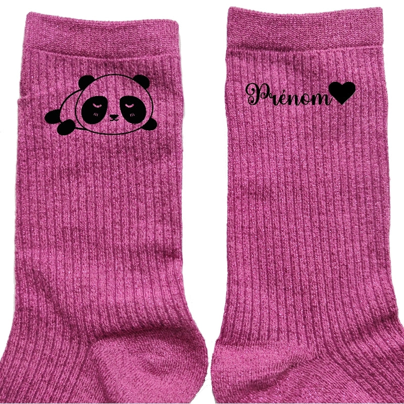 Chaussettes personnalisée paillettes rose motif panda kawaii