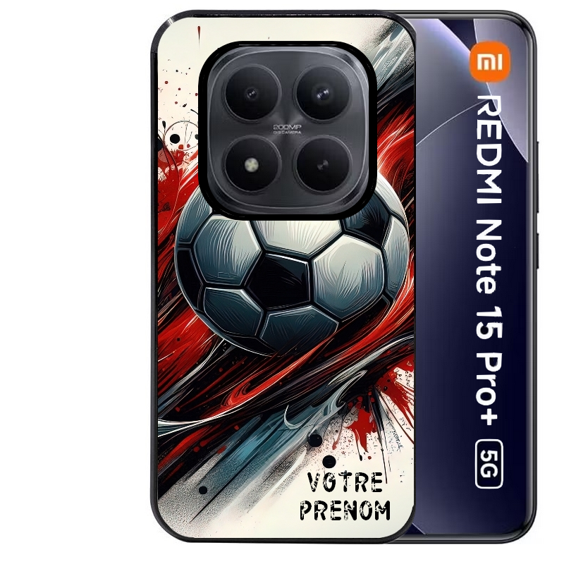 Coque noire taperso pour Redmi Note 15 et PRO PLUS 4G 5G avec motif ballon foot avec prenom protection antichoc personnalisée