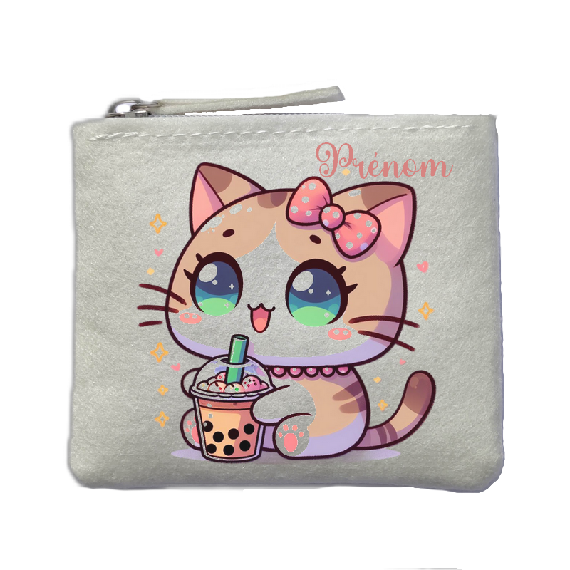 Porte monnaie personnalisé chat bubble ivoire en feutrine en feutrine ivoire