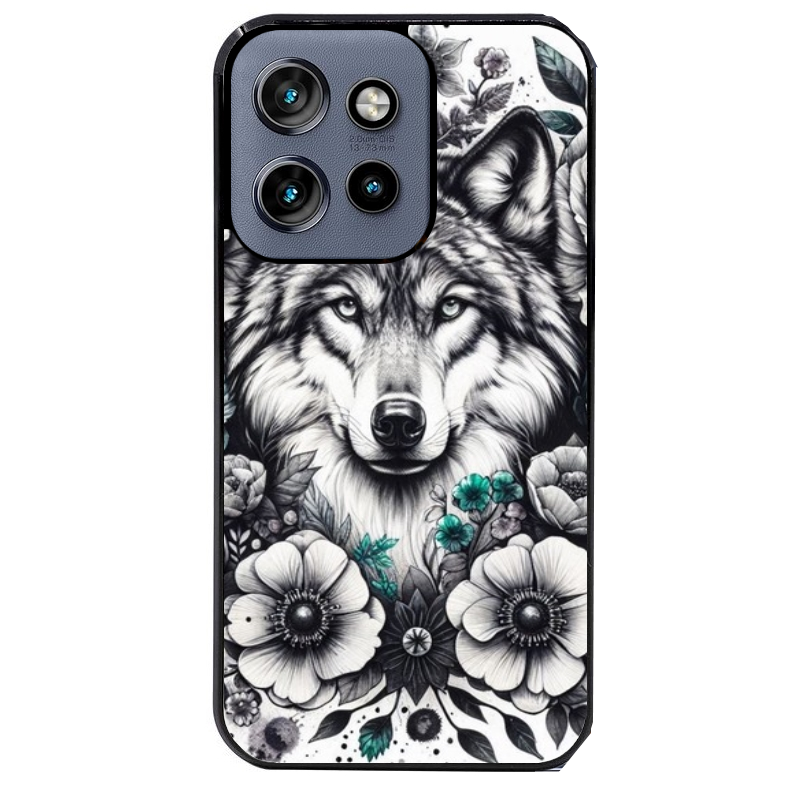 Coque noire taperso pour Moto Edge 60 et Neo Fusion Pro avec motif loup et fleur protection antichoc personnalisée