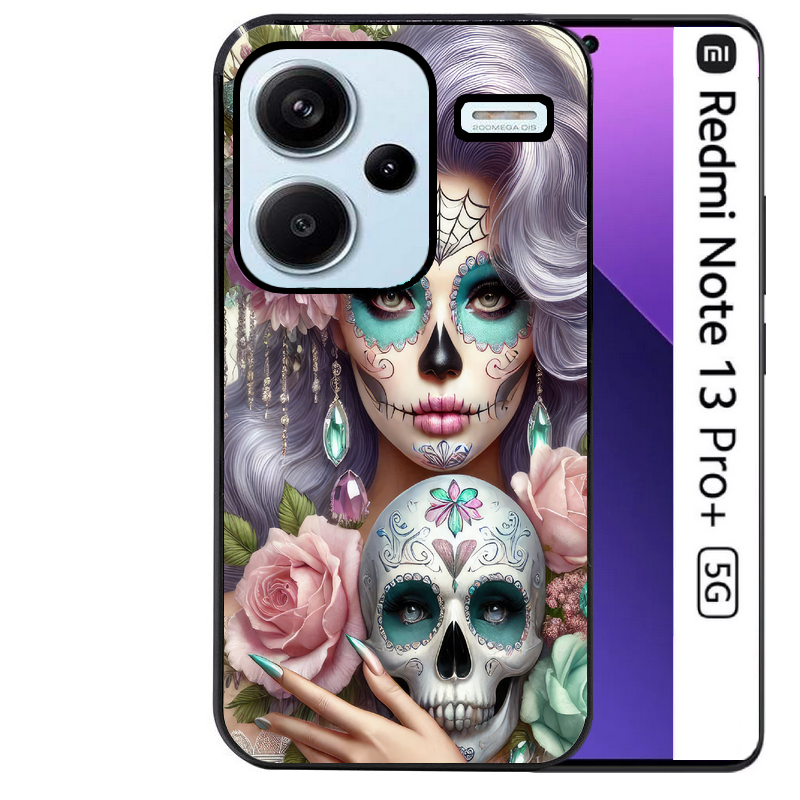 Coque noire taperso pour Redmi Note 13 PRO PLUS 5G avec motif tete de mort calavera bijoux protection antichoc personnalisée