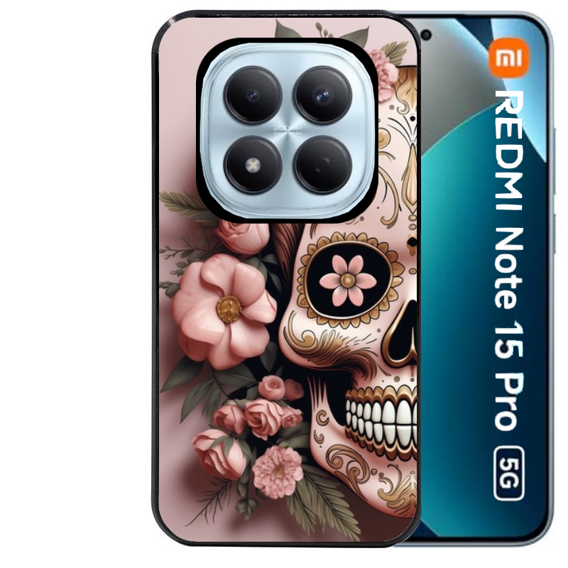 Coque noire taperso pour Redmi Note 15 et PRO PLUS 4G 5G avec motif tete de mort calavera rose protection antichoc personnalisée