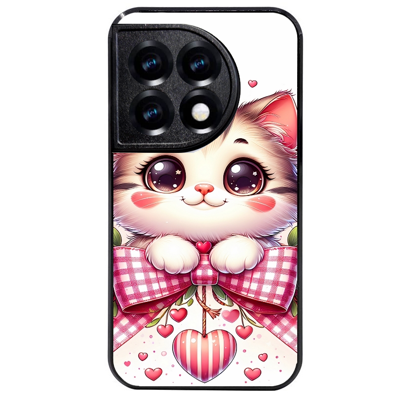Coque noire taperso pour OnePlus 11 et 12 avec motif chat noeud et coeur protection antichoc personnalisée