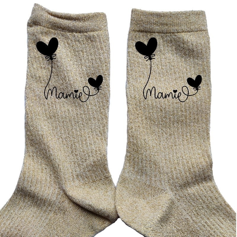 Chaussettes paillettes doré motif mamie coeur
