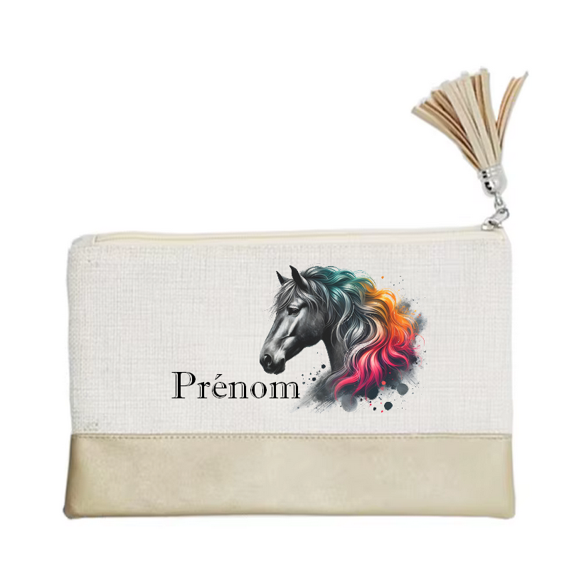 Pochette personnalisée motif cheval color en toile et simili cuir personnalisée