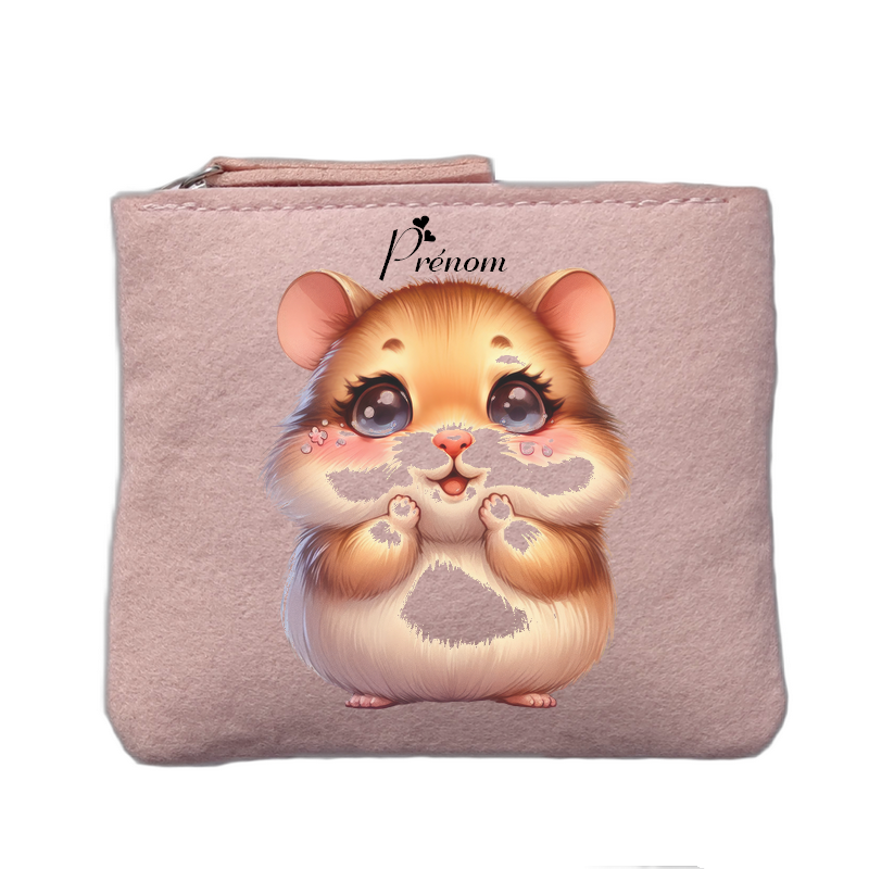 Porte monnaie personnalisé motif hamster kawaii rose clair en feutrine en feutrine