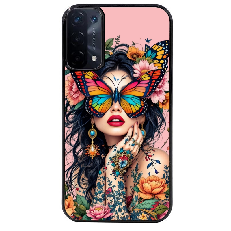 Coque noire taperso pour OPPO A54 et A74 5G avec motif femme papillon protection antichoc personnalisée
