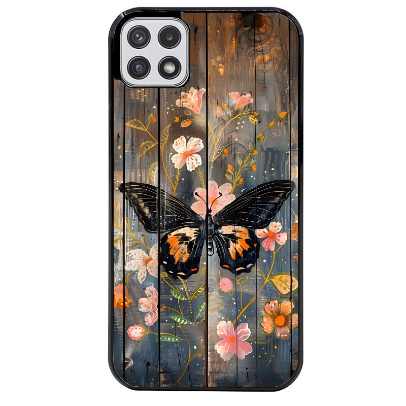 Coque noire taperso pour galaxy A22 A32 A52 A52S 4G 5G  avec motif bois et papillon 2 protection antichoc personnalisée