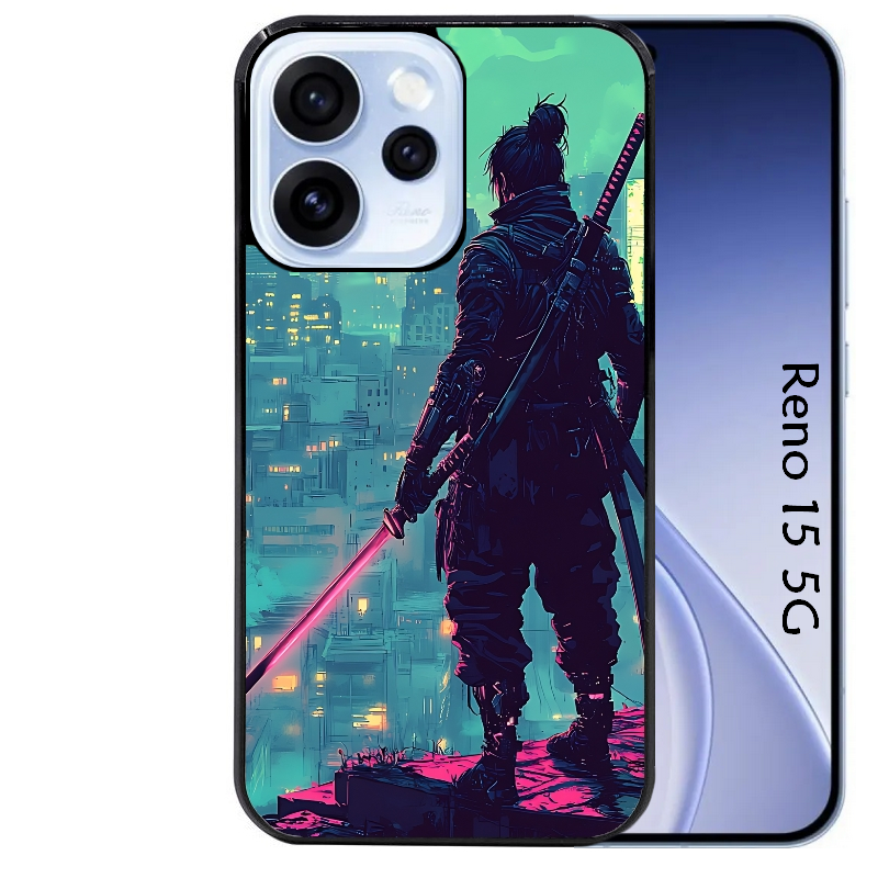 Coque noire taperso pour OPPO Reno 15 et F FS 5G avec motif samourai new york protection antichoc personnalisée