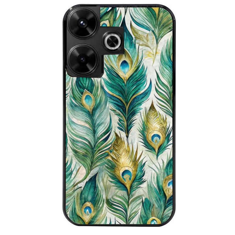 Coque noire taperso pour POCO M6 4G avec motif paon plumes protection antichoc personnalisée