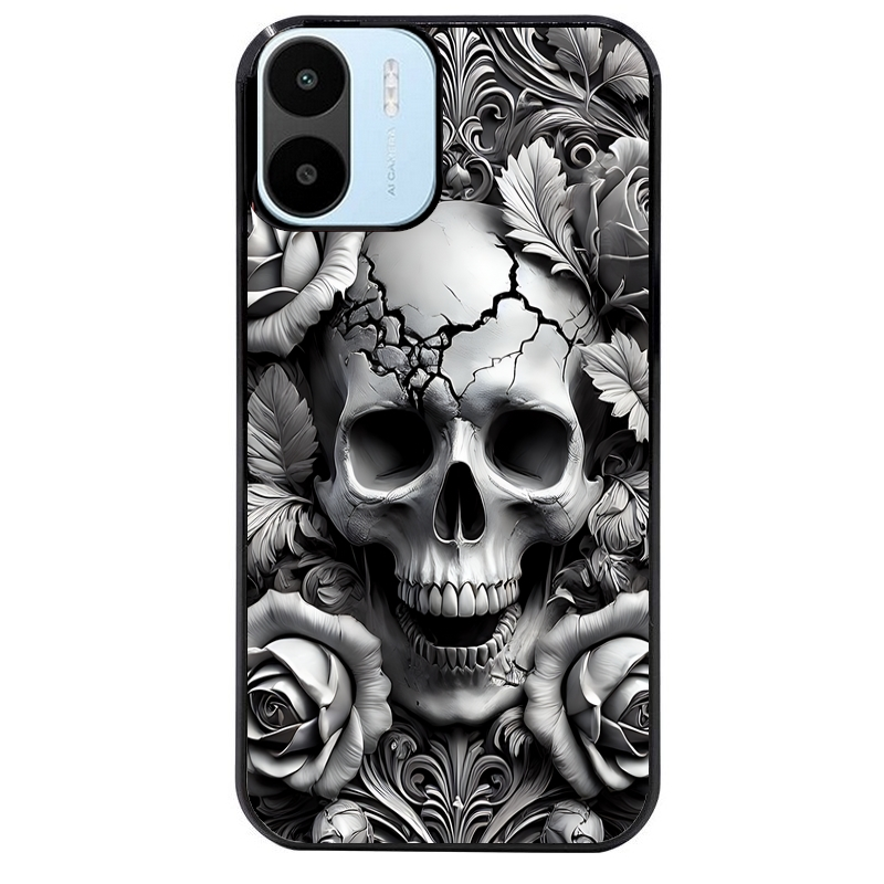 Coque noire taperso pour Redmi A1 et A2 avec motif tete de mort fleur protection antichoc personnalisée