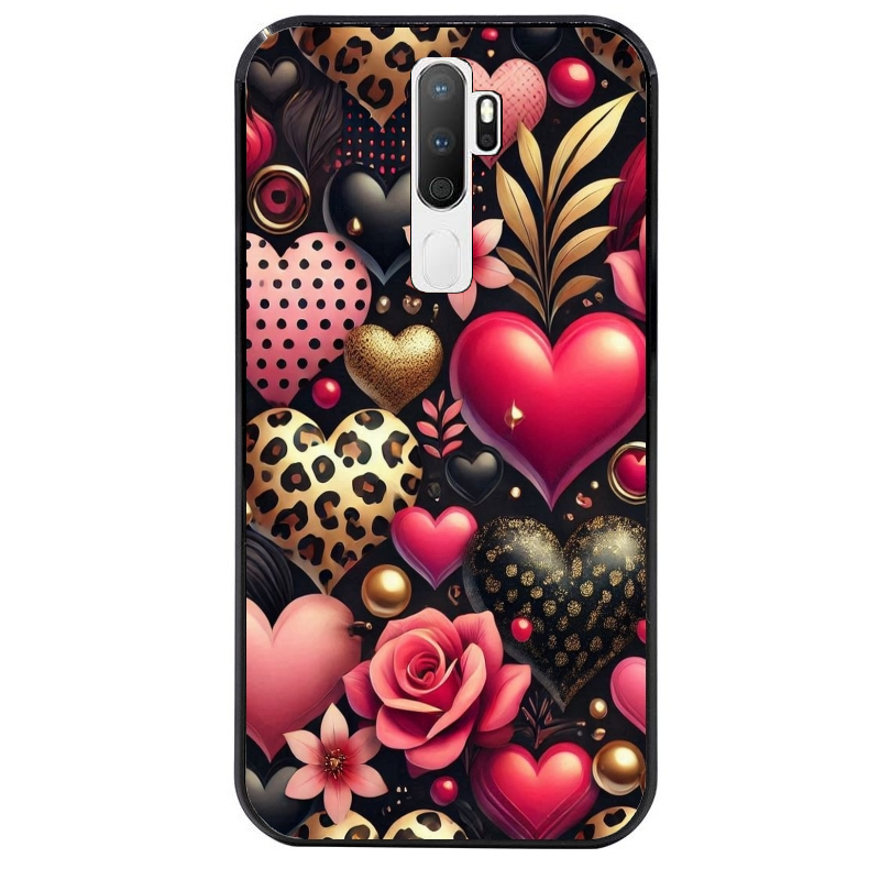 Coque noire taperso pour OPPO A5 A9 2020 avec motif coeur et leopard protection antichoc personnalisée