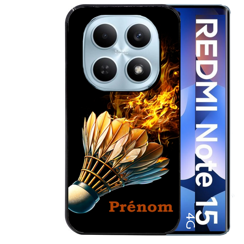 Coque noire taperso pour Redmi Note 15 et PRO PLUS 4G 5G avec motif badminton flamme personnalise protection antichoc personnalisée