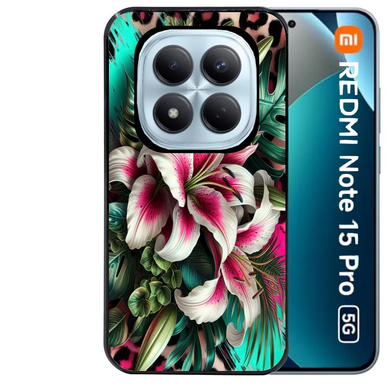 Coque noire taperso pour Redmi Note 15 et PRO PLUS 4G 5G avec motif leopard hibiscus protection antichoc personnalisée