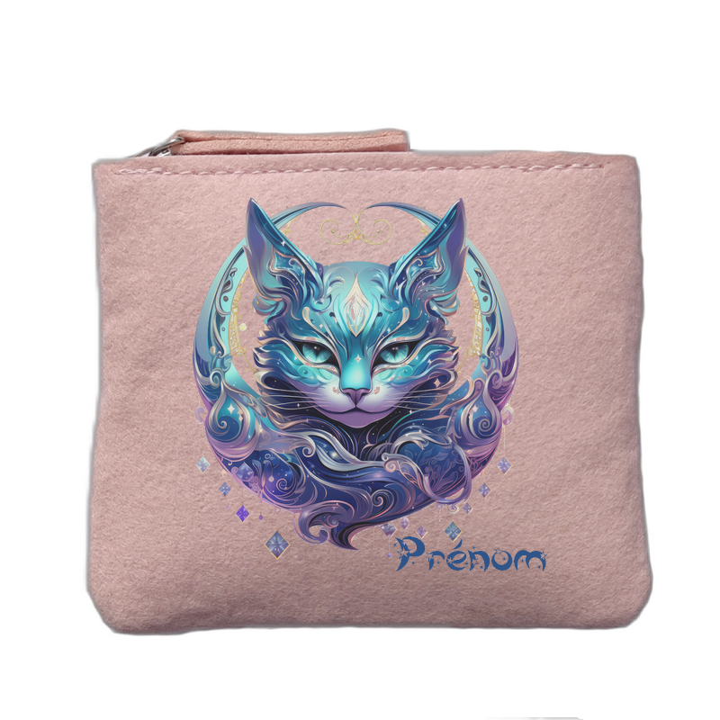 Porte monnaie personnalisé motif chat astro rose clair en feutrine en feutrine