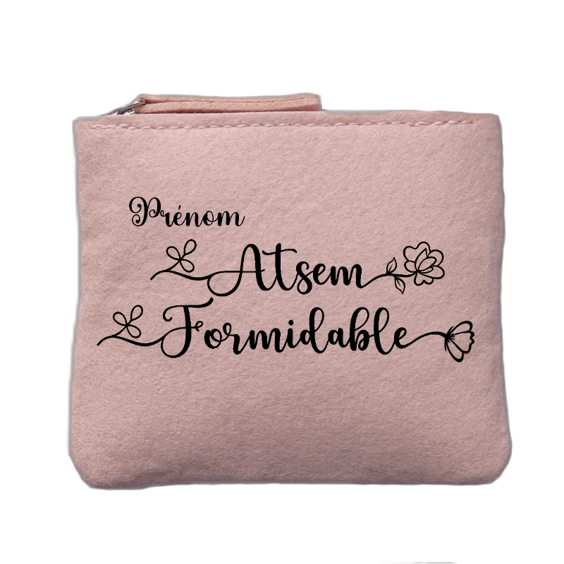 Porte monnaie personnalisé motif atsem formidable rose clair en feutrine en feutrine