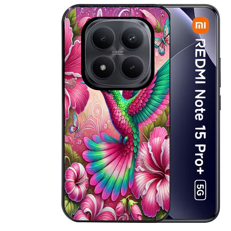 Coque noire taperso pour Redmi Note 15 et PRO PLUS 4G 5G avec motif colibri et fleurs protection antichoc personnalisée