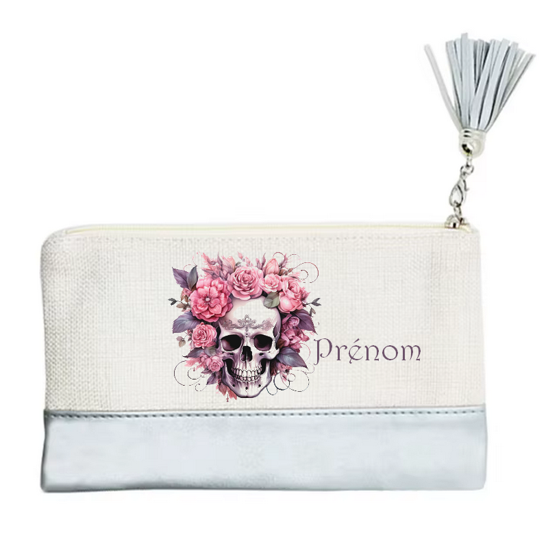 Pochette personnalisée motif tete de mort fleur en toile et simili cuir personnalisée