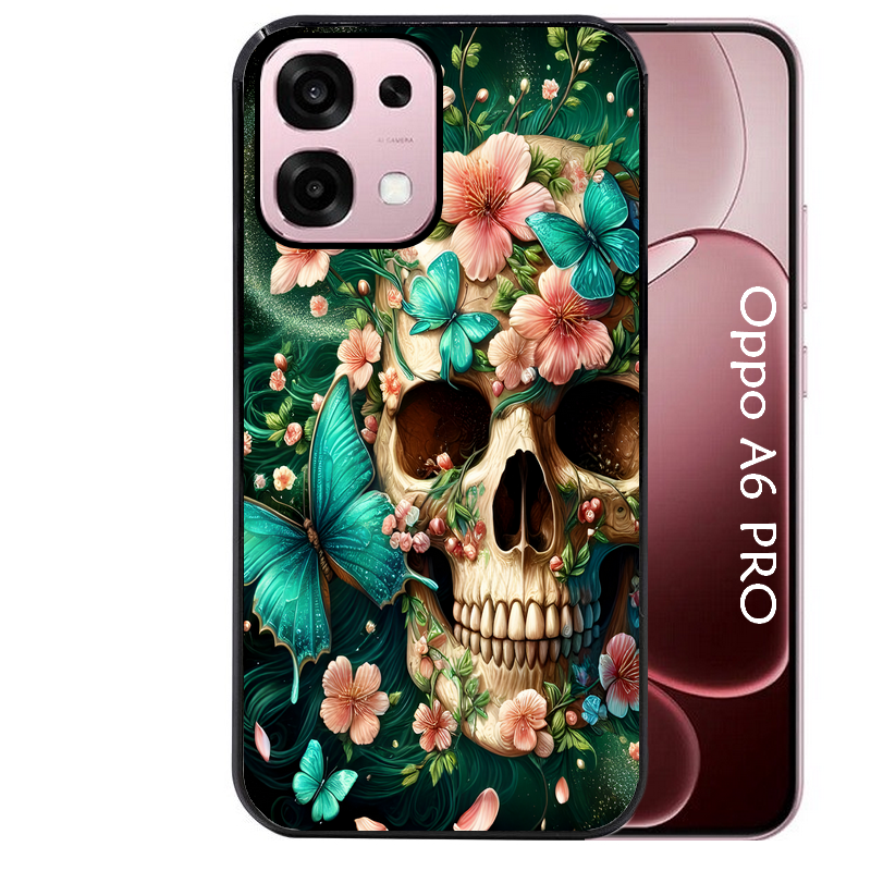 Coque noire taperso pour OPPO A6 PRO 4G et 5G avec motif tete de mort skull printemps protection antichoc personnalisée