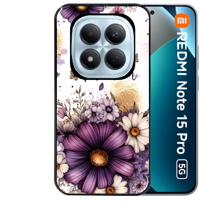 Coque noire taperso pour Redmi Note 15 et PRO PLUS 4G 5G avec motif fleur violette personnalisee protection antichoc personnalisée