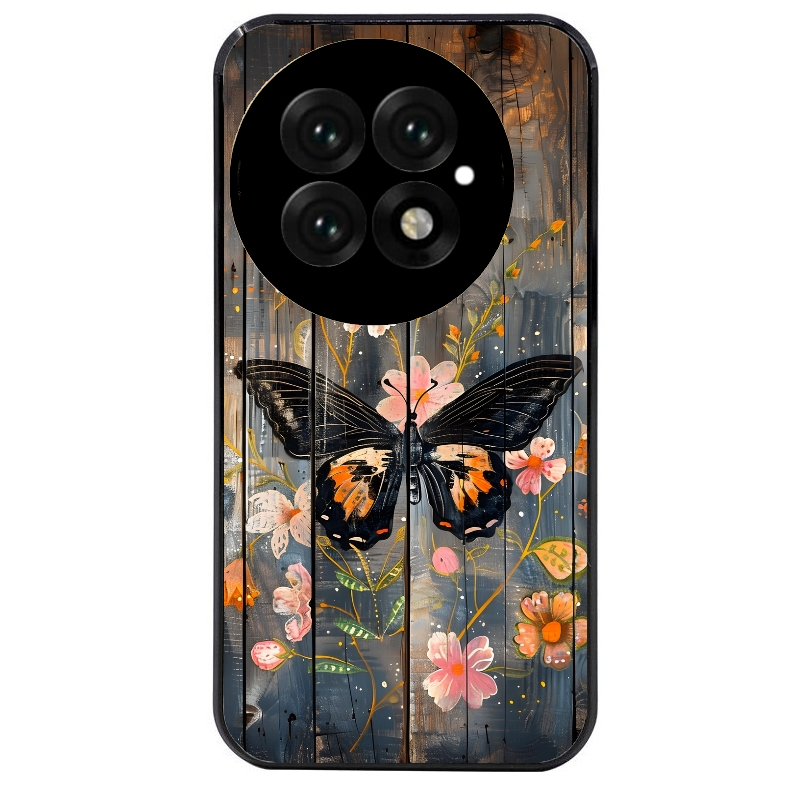 Coque noire taperso pour OnePlus 13 avec motif bois et papillon 2 protection antichoc personnalisée