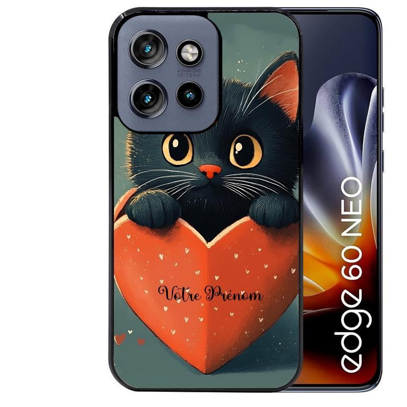 Coque noire taperso pour Moto Edge 60 et Neo Fusion Pro avec motif chat et coeur avec prenom protection antichoc personnalisée