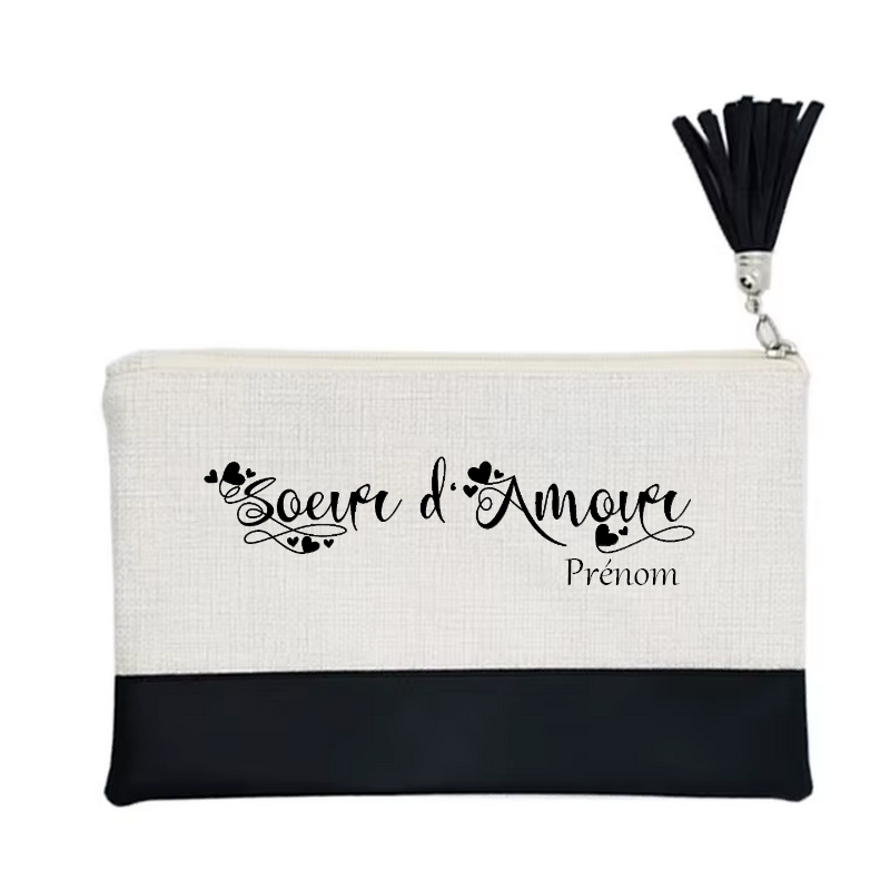 Pochette personnalisée motif soeur d'amour en toile et simili cuir personnalisée