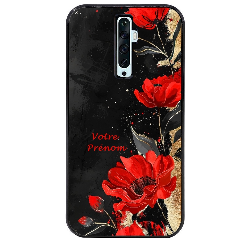 Coque noire taperso pour OPPO Reno 2 et 2Z avec motif fleur rouge avec prenom protection antichoc personnalisée
