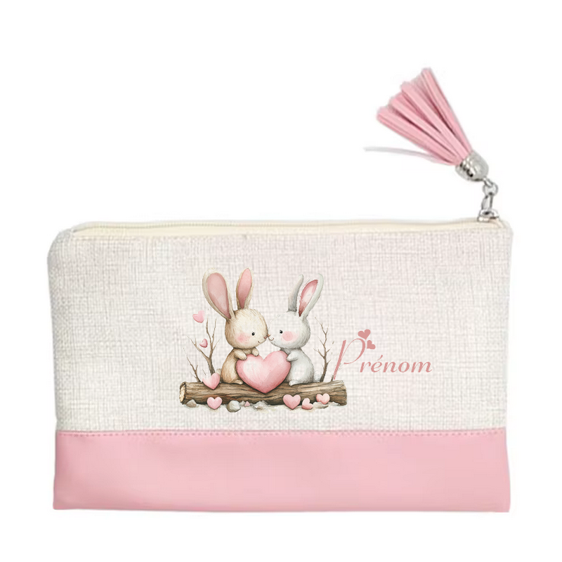Pochette personnalisée motif lapin love en toile et simili cuir personnalisée
