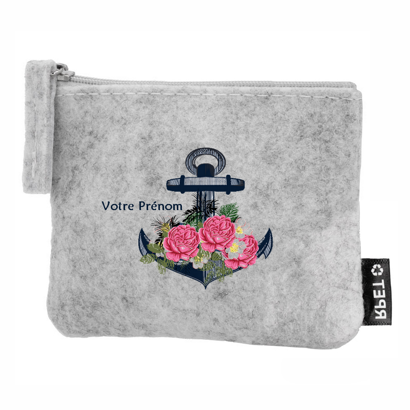 Porte monnaie personnalisé ancre fleur en feutrine en feutrine