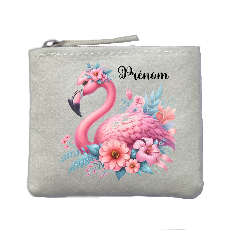 Porte monnaie personnalisé flamant fleurs ivoire en feutrine en feutrine ivoire