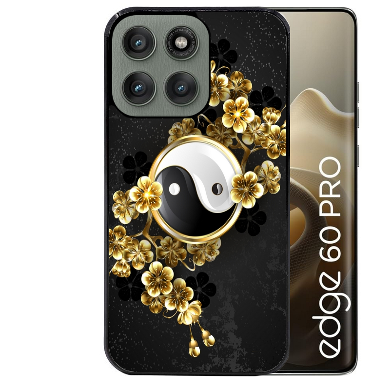 Coque noire taperso pour Moto Edge 60 et Neo Fusion Pro avec motif yin yang et fleur protection antichoc personnalisée