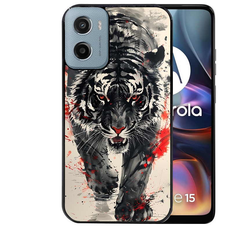 Coque noire taperso pour Moto E13 E14 E15 avec motif tigre japan protection antichoc personnalisée
