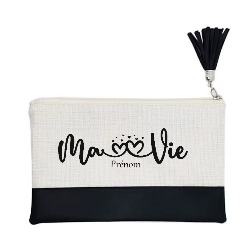 Pochette personnalisée motif ma vie en toile et simili cuir personnalisée