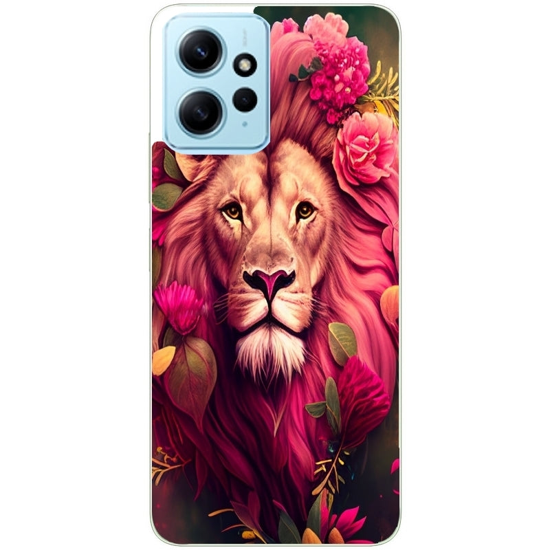Coque taperso pour POCO X5 5G avec motif lion et fleurs rose protection antichoc personnalisée