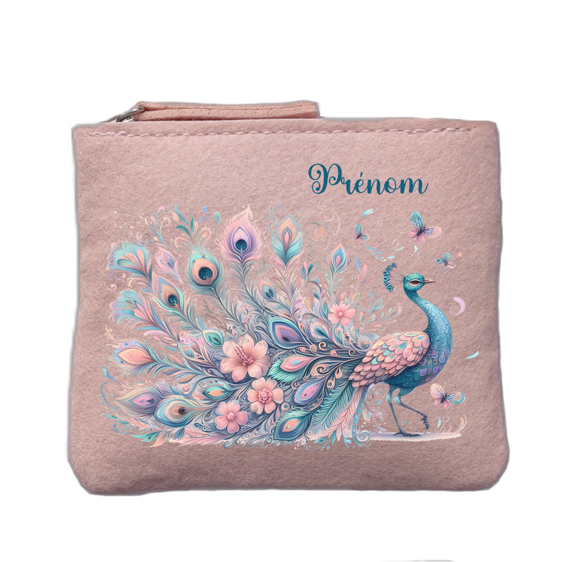 Porte monnaie personnalisé motif paon fleurs rose clair en feutrine en feutrine